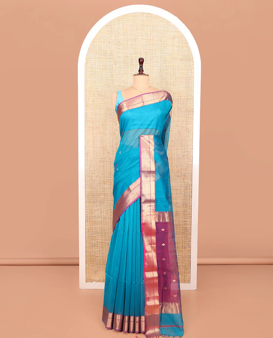 Blue Maheshwari Cotton Saree, Dazzled with Flower Buttas All Over Its Body, Complemented by a Contrast Zari Traditional Design Border, Pallu Steeped with Flower Buttas, and Paired with a Contrast Blouse - Image 3