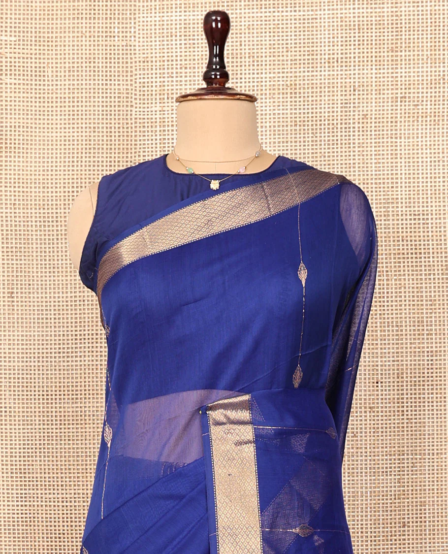 Blue Maheshwari Cotton Saree, Enthralled with Zari Stripes All Over Its Body, Highlighted by a Zari Border of Jaal Motifs, Pallu Steeped with Gleaming Zari Designs, and Paired with a Matching  Blouse - Image 2