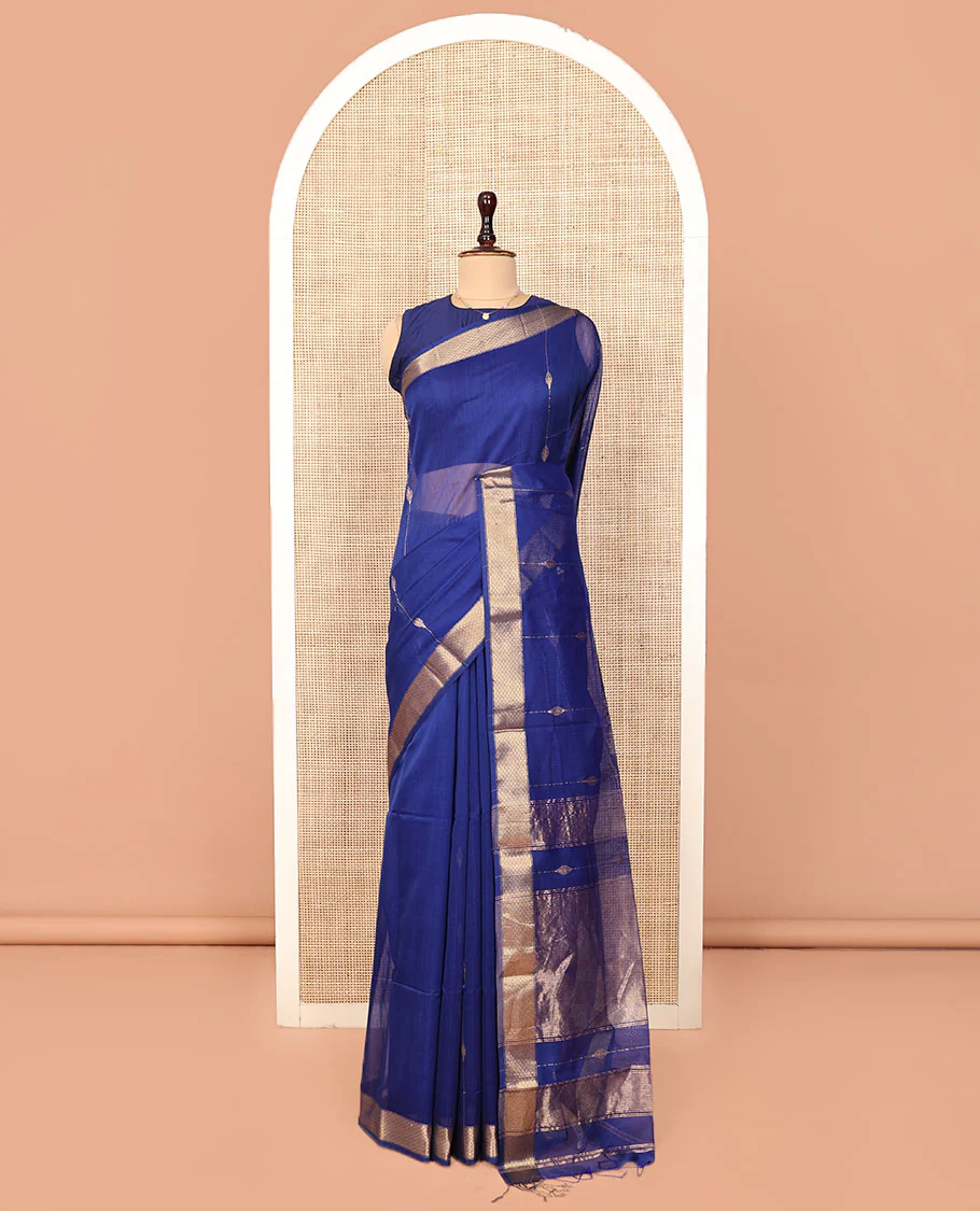 Blue Maheshwari Cotton Saree, Enthralled with Zari Stripes All Over Its Body, Highlighted by a Zari Border of Jaal Motifs, Pallu Steeped with Gleaming Zari Designs, and Paired with a Matching  Blouse - Image 3