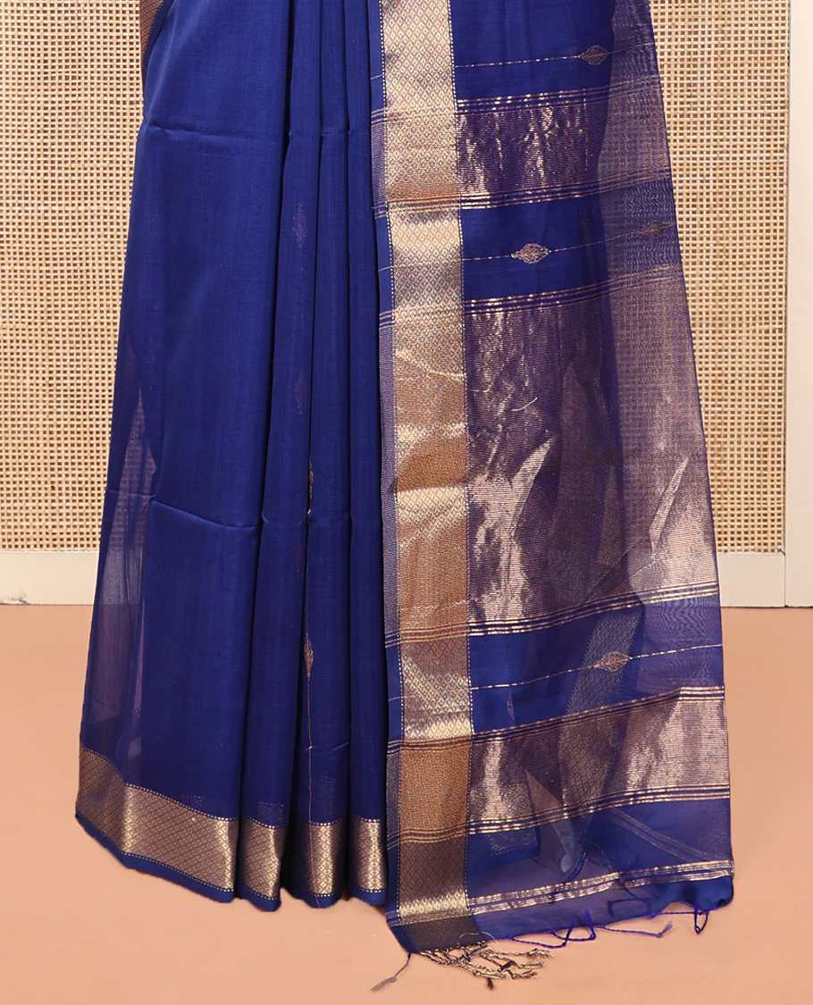 Blue Maheshwari Cotton Saree, Enthralled with Zari Stripes All Over Its Body, Highlighted by a Zari Border of Jaal Motifs, Pallu Steeped with Gleaming Zari Designs, and Paired with a Matching  Blouse - Image 4