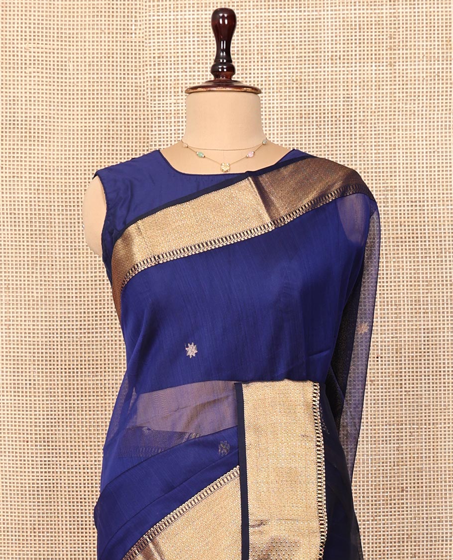 Blue Maheshwari Cotton Saree, Gleamed Up with Zari Buttas on Its Body, Highlighted by a Traditional Zari Design Border, Complemented by a Contrast Pallu of Chevron Designs, and Paired with a Contrast Blouse - Image 2