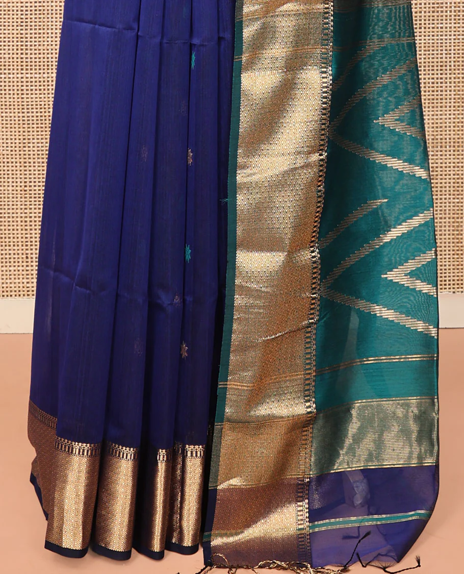 Blue Maheshwari Cotton Saree, Gleamed Up with Zari Buttas on Its Body, Highlighted by a Traditional Zari Design Border, Complemented by a Contrast Pallu of Chevron Designs, and Paired with a Contrast Blouse - Image 4