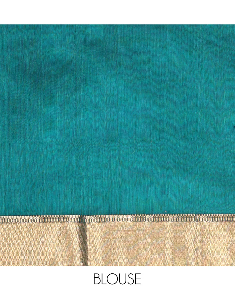 Blue Maheshwari Cotton Saree, Gleamed Up with Zari Buttas on Its Body, Highlighted by a Traditional Zari Design Border, Complemented by a Contrast Pallu of Chevron Designs, and Paired with a Contrast Blouse - Image 5