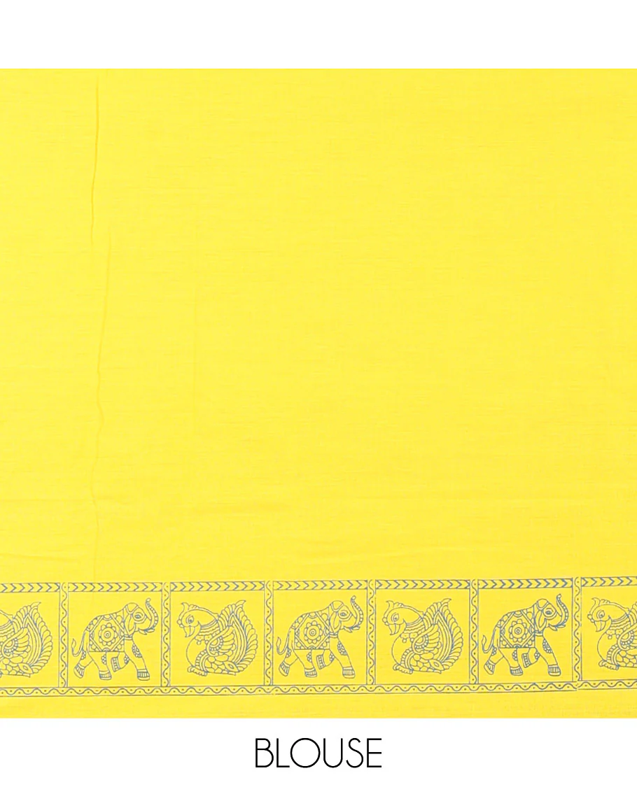 Blue Mangalagiri Cotton Saree Adorned with Elephant Motifs Block Print All Over Its Body, Subtly Printed Border of Animal Butta Enclosed Checks, Pallu Mirrors the Same Border Print, and Paired with a Contrast Printed Blouse - Image 3