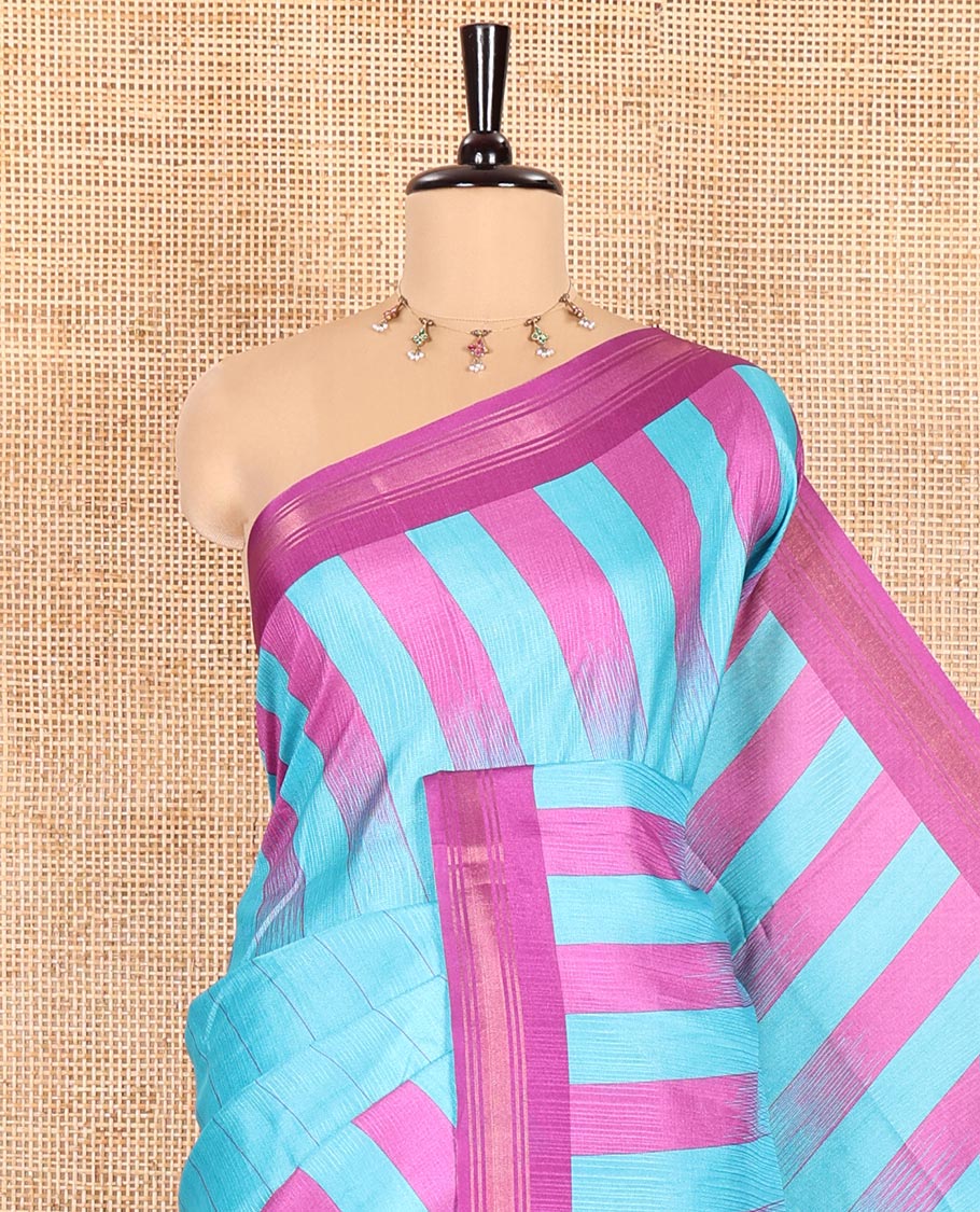 Blue Manipuri Silk Saree, Subtly Woven with Vertical Stripes All Over Its Body, Complemented by Contrast Zari Border, Sparsely Striped Pallu, and Paired with a Contrast Blouse - Image 2