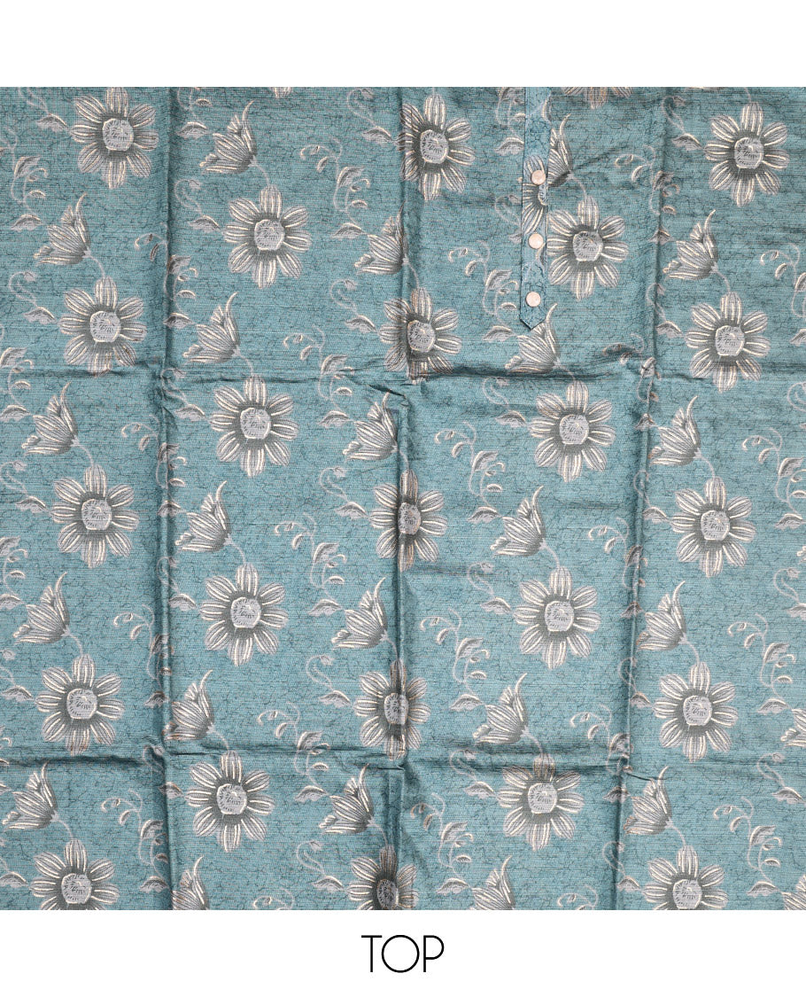 Blue Material Chudidar Set, Beautified with Floral Abstract Print and Neck Embroidery on Cotton Top, a Contrast Plain Cotton Bottom, and Paired with a Plain Dupatta - Image 2