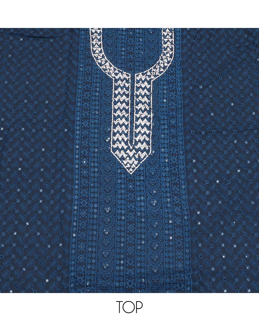 Blue Material Chudidar Set, Bedecked with Chikankari-style Thread Embroidered  and Neck Stone Work Georgette Top, a Plain Santoon Bottom, and Paired with Embroidered Georgette Dupatta - Image 2