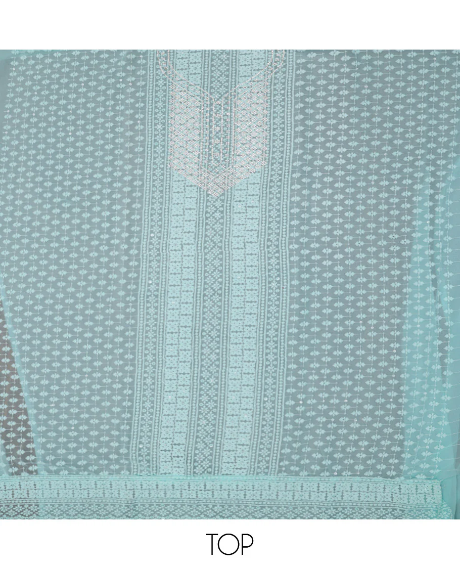 Blue Material Chudidar Set, Detailed with Chikankari-Style Embroidery and Neck Stone Work on Georgette Top, a Plain Santoon Bottom, and Paired with a Floral Vine Embroidery Georgette Dupatta - Image 2