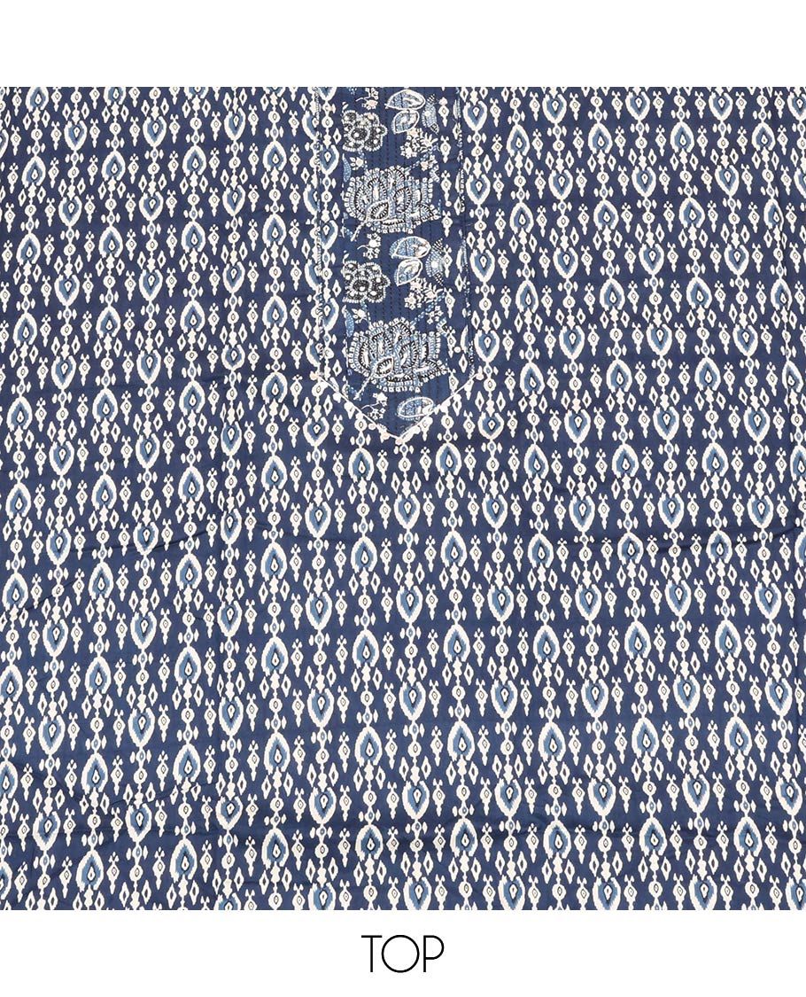 Blue Material Chudidar Set, Elevated with Intricate Designs and Thread Work Cotton Top, a Floral Printed Cotton Bottom, and Paired with an Intricately Printed Cotton Dupatta - Image 2