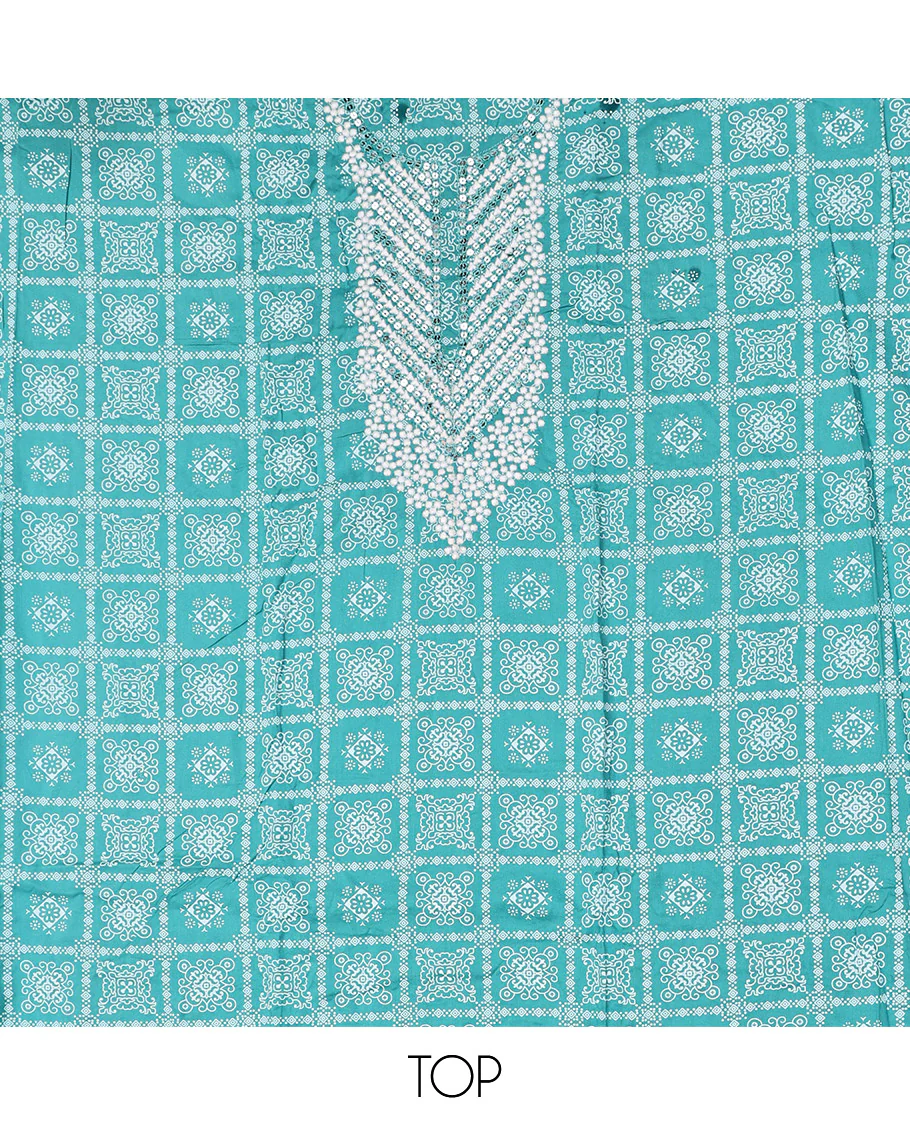 Blue Material Chudidar Set, Elevated with Intricately Printed and Neck Embroidery on Rayon Top, a Contrast Polka Dot Printed Bottom, and Paired with Embroidered Chiffon Dupatta - Image 2