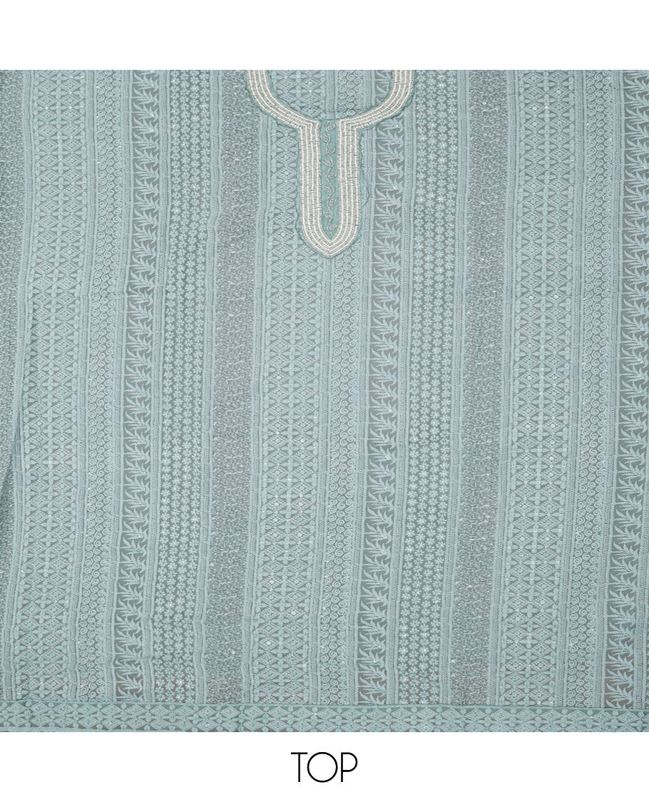 Blue Material Chudidar Set, Embellished with Chikankari-Style Embroidery and Neck Work on Georgette Top, a Plain Santoon Bottom, and Paired with a Floral Vine Embroidery Georgette Dupatta - Image 2