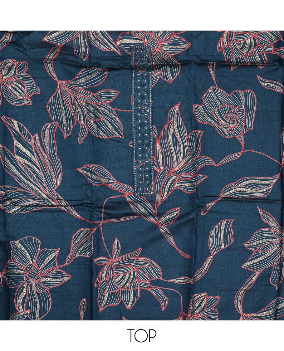 Blue Material Chudidar Set, Embellished with Leaf-Floral Print and Neck Embroidery on Rayon Top, a Plain Rayon Bottom, and Paired with a Matching Embroidered Chanderi Silk Dupatta - Image 2