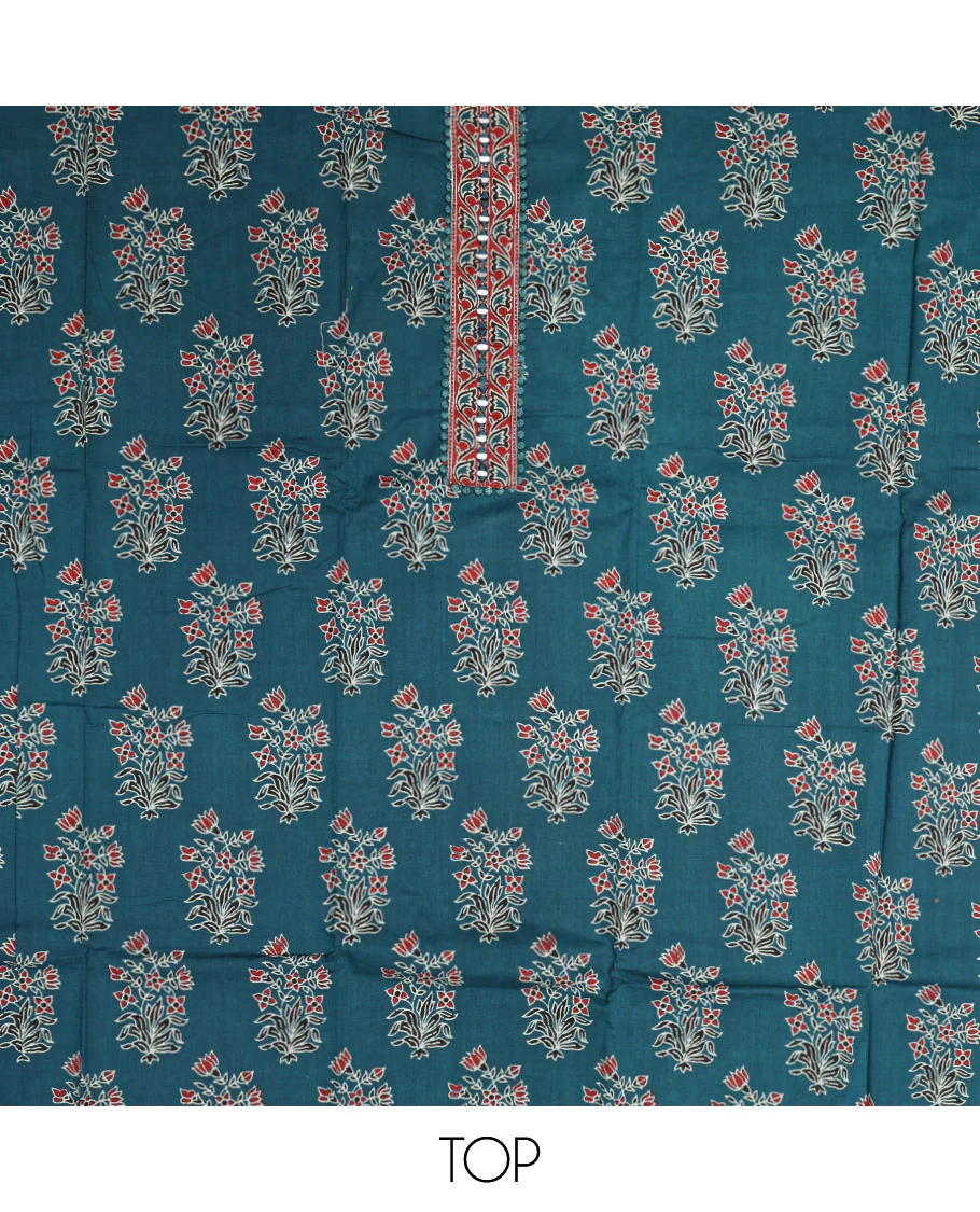 Blue Material Chudidar Set, Enthralled with Floral Printed Cotton Top, a Plain Cotton Bottom, and Paired with a Ajrakh Printed Cotton Dupatta - Image 2