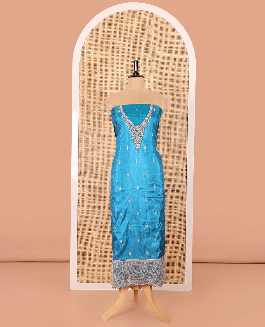 Blue Material Chudidar Set Mesmerized with Intricately Embroidered Muga Silk Top, Subtly Made Plain Santoon Bottom, and a Bemberg Chiffon Dupatta Featuring Floral Printed, and Embroidery - Image 4