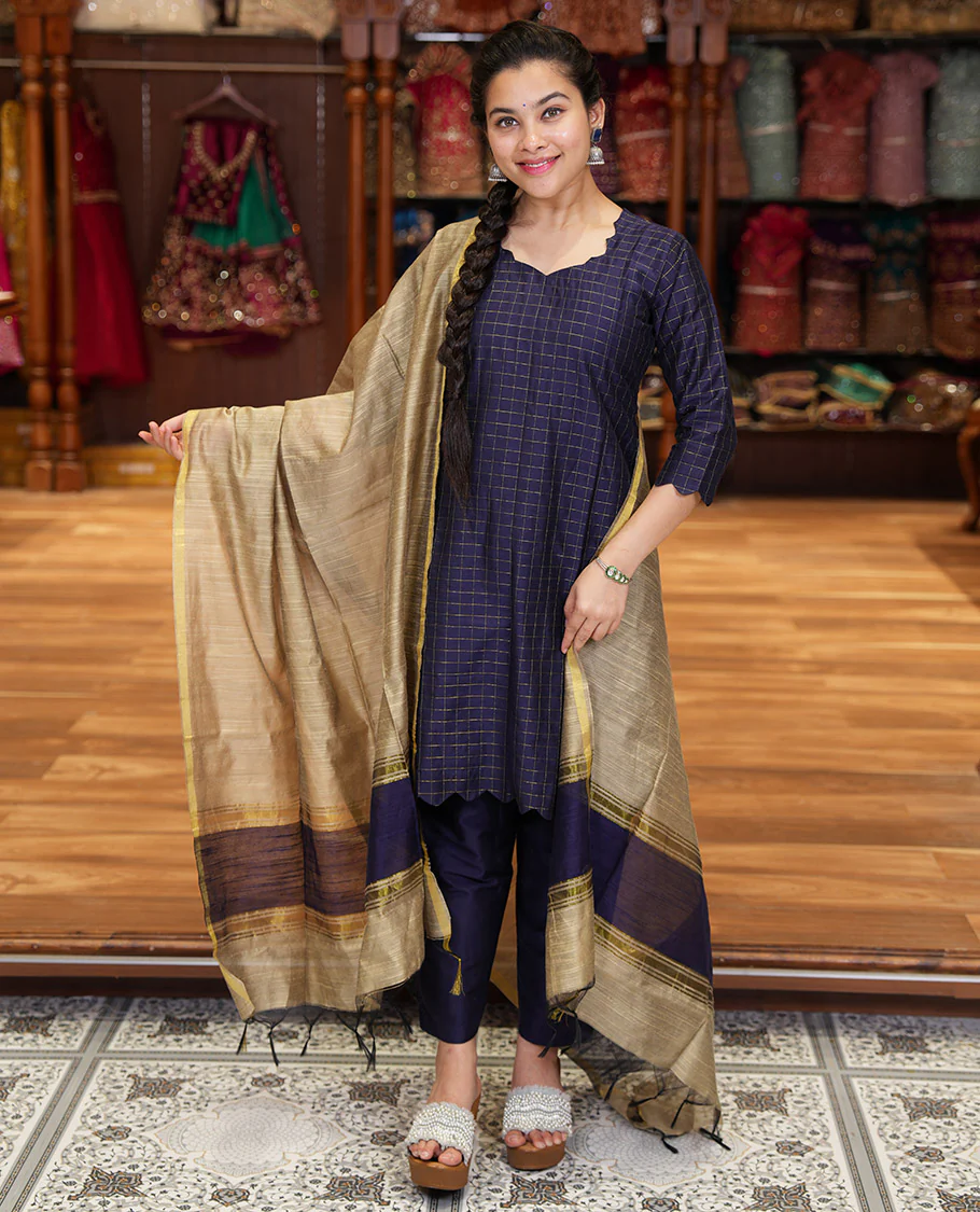 Blue Material Chudidar Set, Subtly Sparkled with Zari Checks All Over Its Semi-Silk Top, Comes with a Subtle Plain Bottom, and a Contrast Semi-Silk Dupatta of Zari Border and Tassels - Image 3