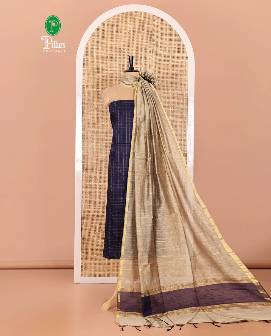 Blue Material Chudidar Set, Subtly Sparkled with Zari Checks All Over Its Semi-Silk Top, Comes with a Subtle Plain Bottom, and a Contrast Semi-Silk Dupatta of Zari Border and Tassels - Image 4