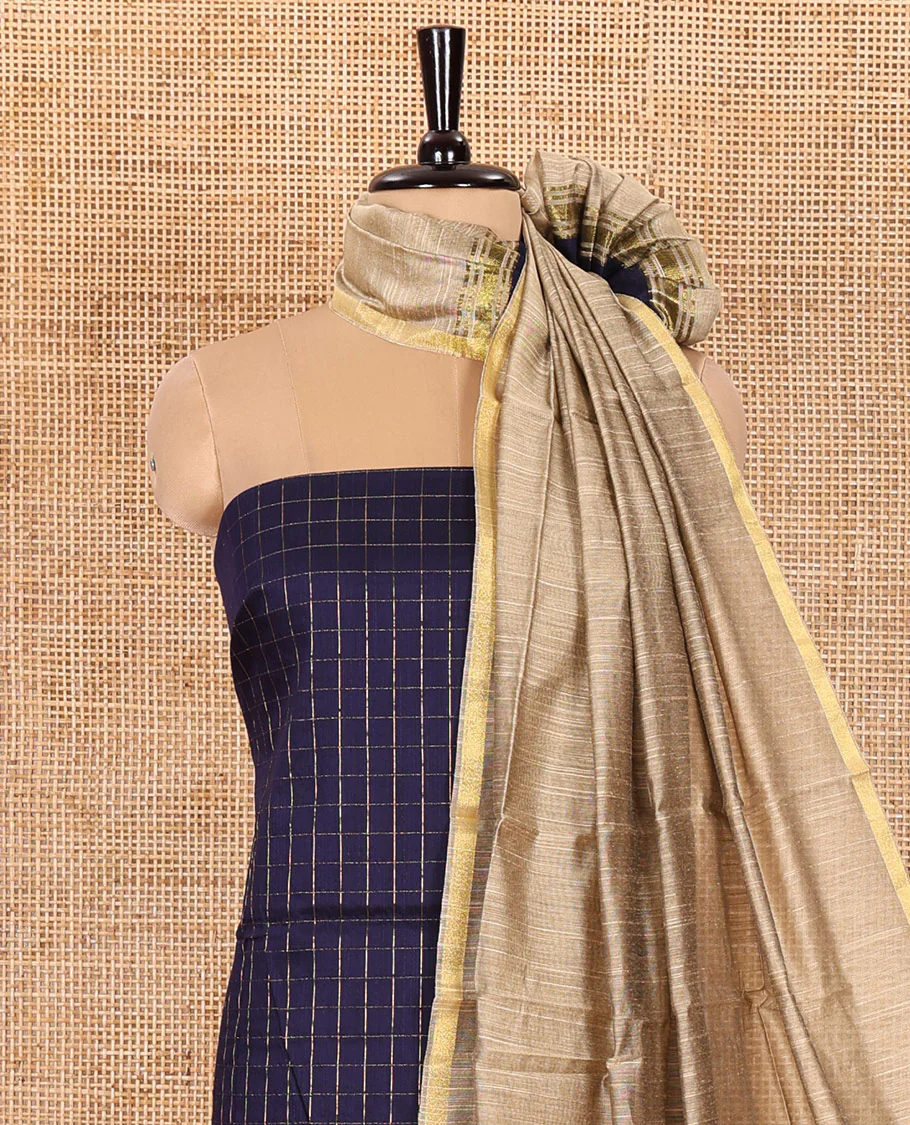 Blue Material Chudidar Set, Subtly Sparkled with Zari Checks All Over Its Semi-Silk Top, Comes with a Subtle Plain Bottom, and a Contrast Semi-Silk Dupatta of Zari Border and Tassels - Image 6