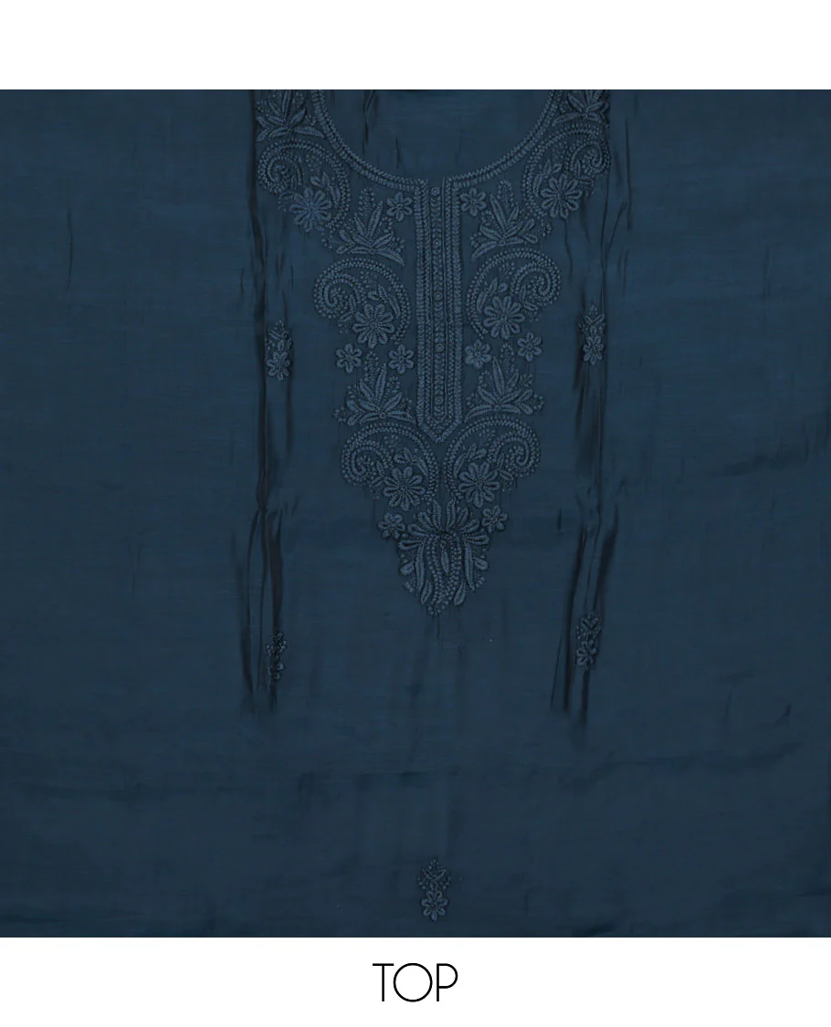 Blue Material Chudidar Set, Subtly Woven with Lucknowi Chikankari-Style Floral-Leaf Neck Embroidery on Muslin Top, a Plain Santoon Bottom, and Paired with a Lucknowi Chikankari-Style Embroidered Muslin Scallop Dupatta - Image 2