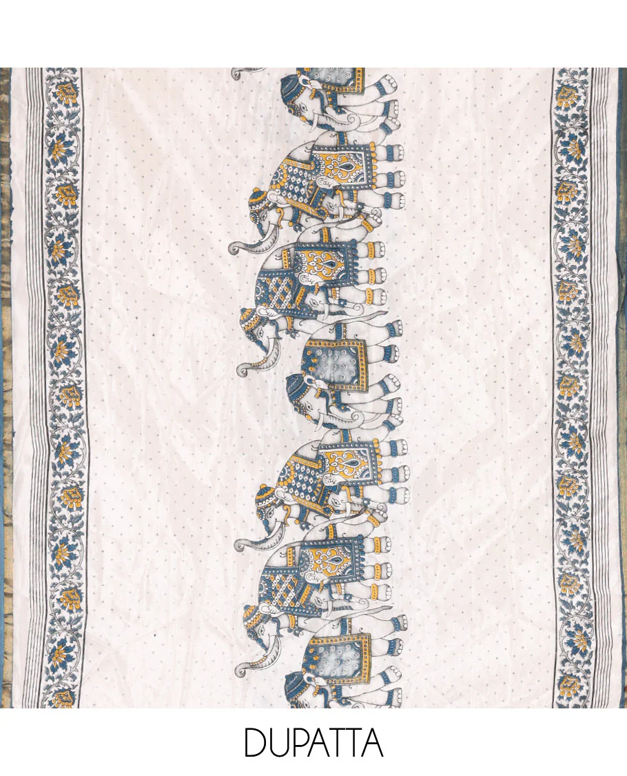 Blue Material Churidar Set, Embellished with Zari Checked Semi-Silk Top, Comes with a Contrast Plain Soft Cotton Bottom, and a Contrast Semi-Silk Dupatta, Pictures a Herd of Elephants - Image 2