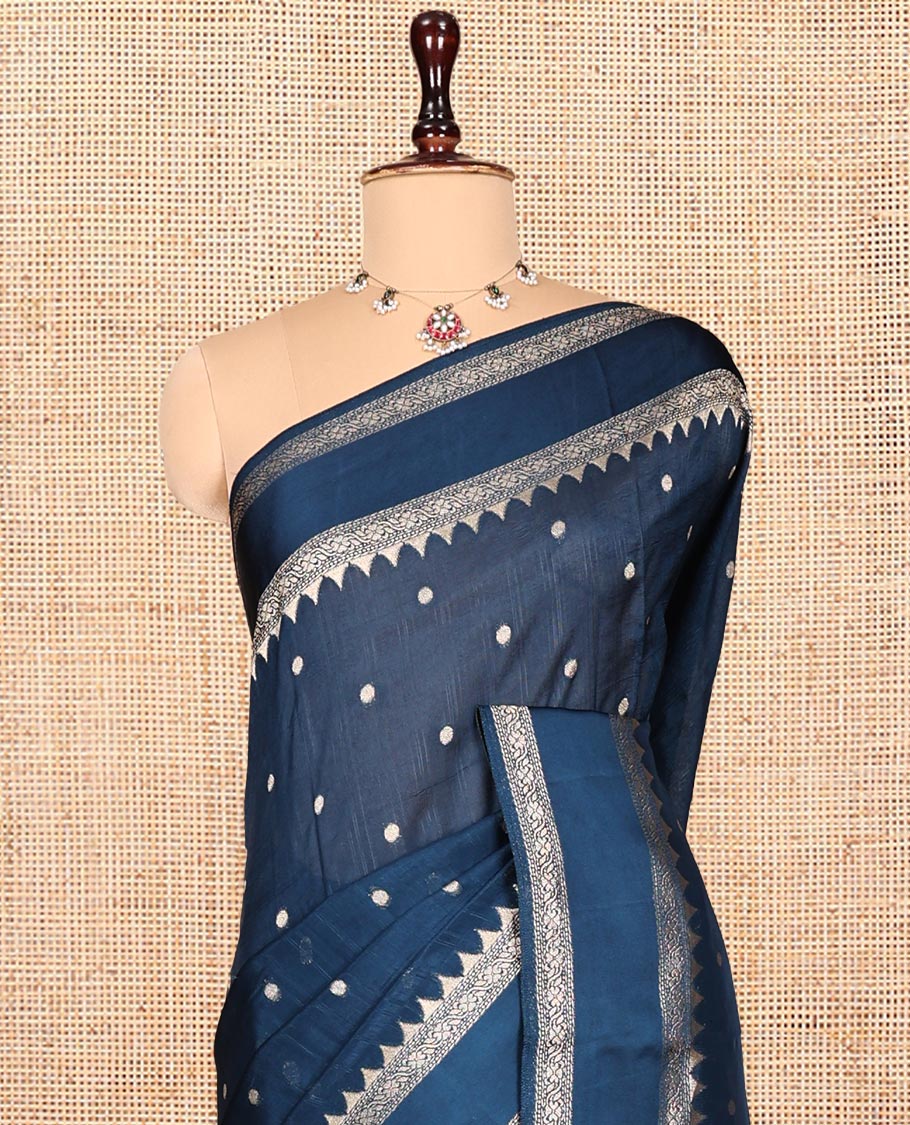 Blue Matka Silk Saree, Accentuated with Buttas All Over Its Body, Highlighted by Temple Rettai Pettu Border, Pallu of Meenakari Flora Designs, and Paired with a Matching Blouse - Image 2