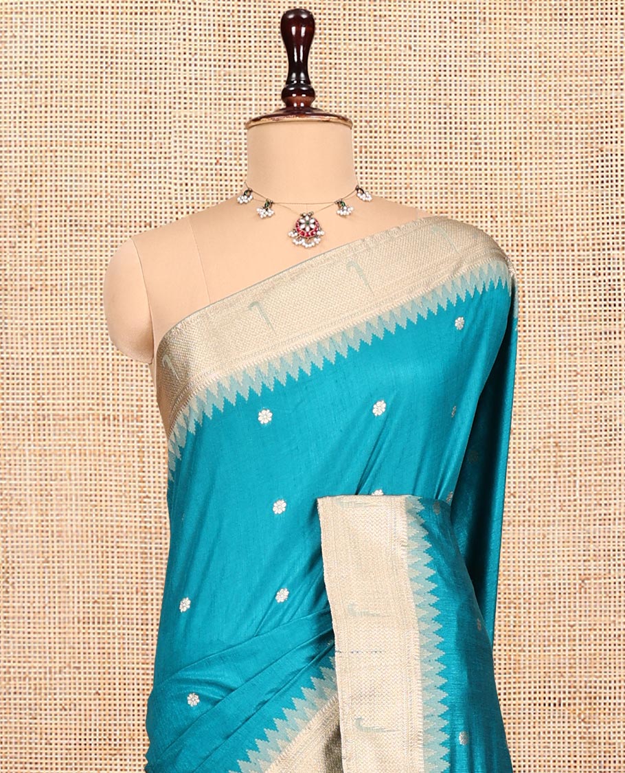 Blue Matka Silk Saree, Crafted with Flower Buttas All Over Its Body, Complemented by a Contrast Border of Traditional and Muniya Designs, Pallu of Floral Designs, and Paired with Contrast Blouse - Image 2