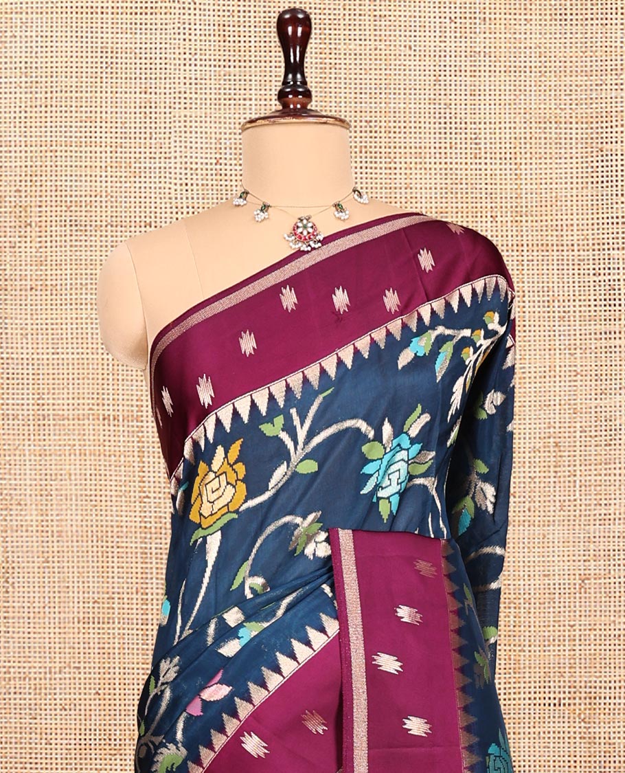 Blue Matka Silk Saree, Elegantly Highlighted with Meenakari Floral Vine Design All Over Its Body, Complemented by Contrast Temple Border of Buttas, Pallu of Floral Designs, and Paired with Contrast Blouse - Image 2