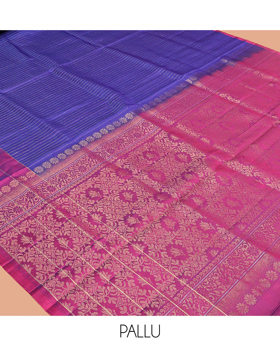 Blue Mayuri Lite Silk Mix Saree, Adorned with Muthu Stripes on Its Body, Complemented by a Contrast Border of Human Figurines, Intricately Designed Pallu, and Paired with a Contrast Blouse - Image 5