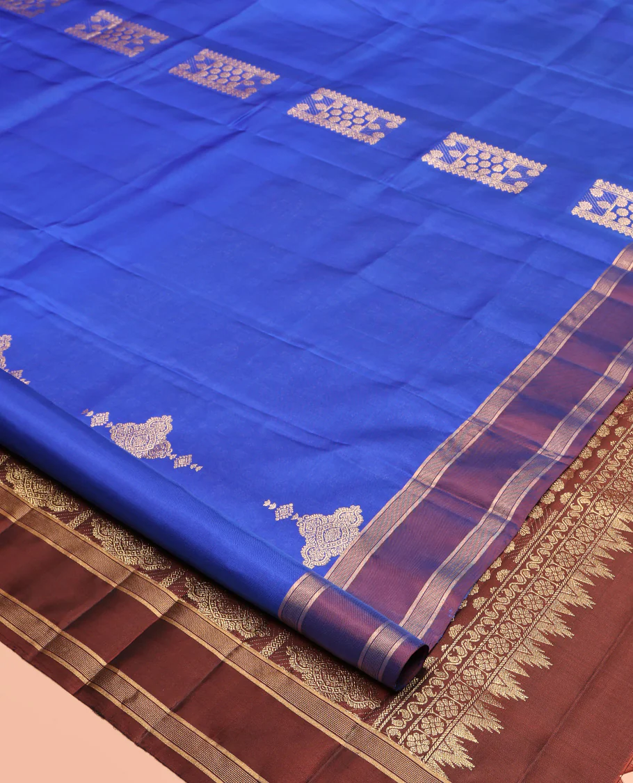 Blue Mayuri Lite Silk Mix Saree, Beautifully Bedecked with Zari Buttas All Over Its Body, Complemented by a Contrast Rettai Pettu Border, Pallu of Intricate Designs, and Paired with a Contrast Blouse - Image 2