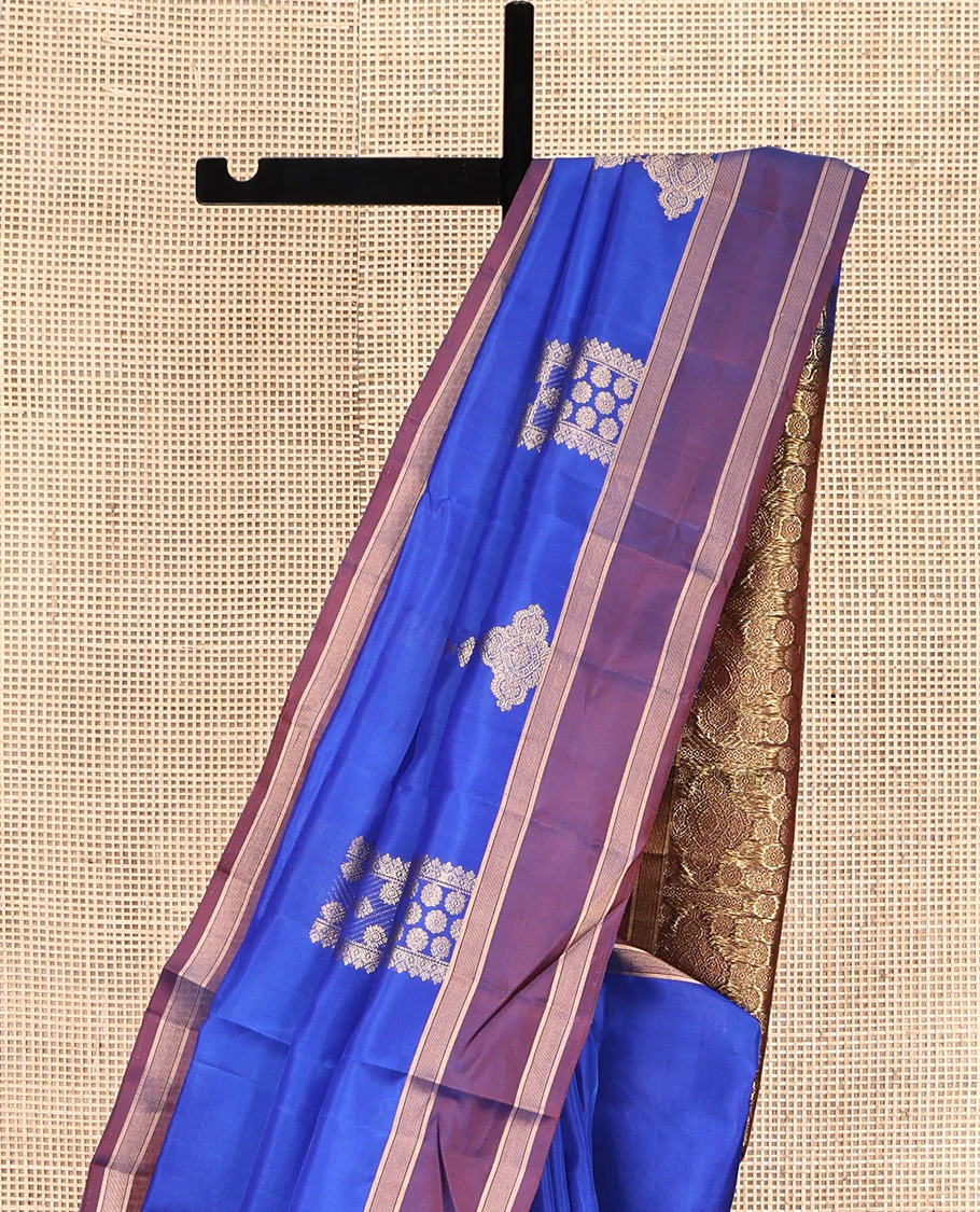 Blue Mayuri Lite Silk Mix Saree, Beautifully Bedecked with Zari Buttas All Over Its Body, Complemented by a Contrast Rettai Pettu Border, Pallu of Intricate Designs, and Paired with a Contrast Blouse - Image 3