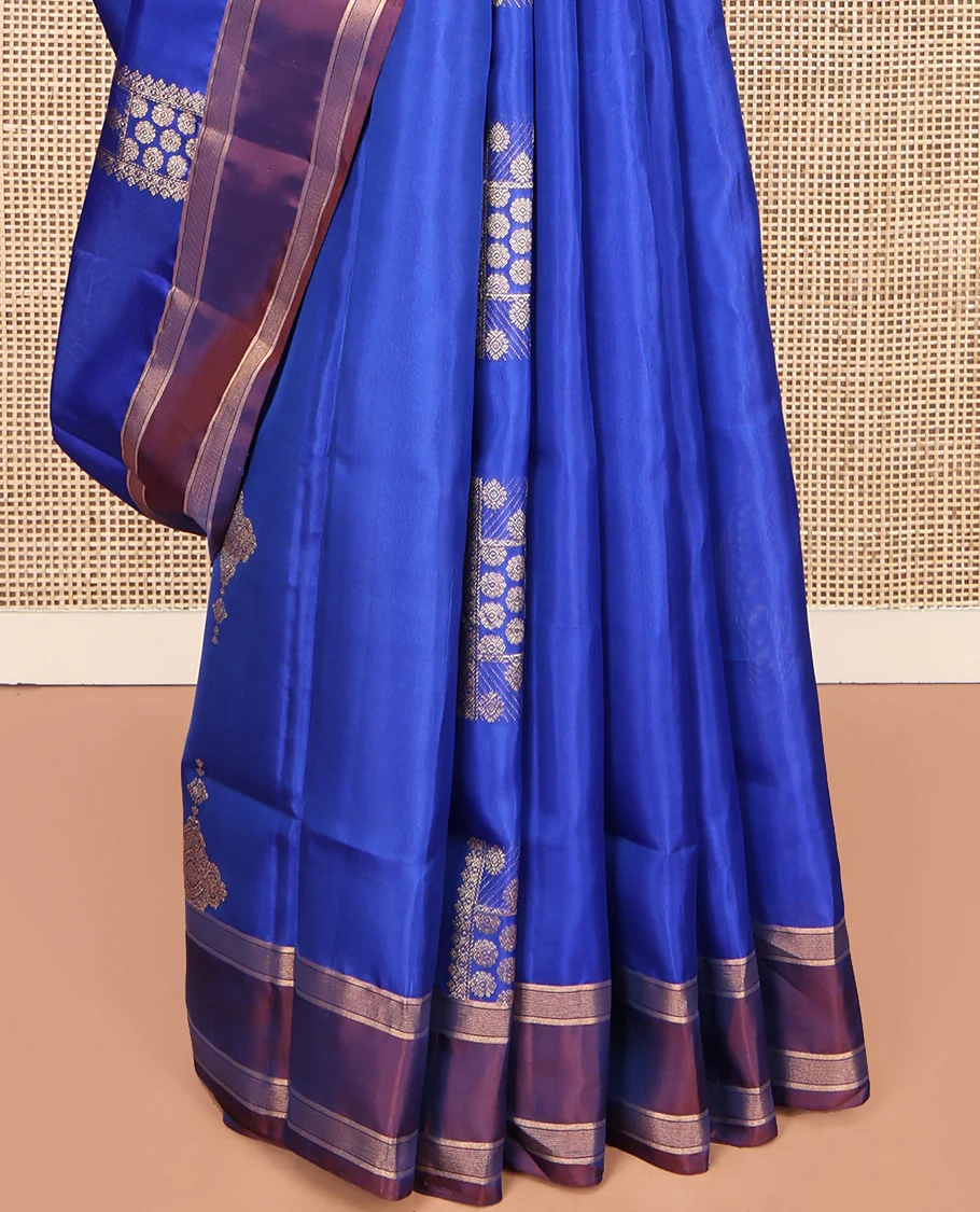 Blue Mayuri Lite Silk Mix Saree, Beautifully Bedecked with Zari Buttas All Over Its Body, Complemented by a Contrast Rettai Pettu Border, Pallu of Intricate Designs, and Paired with a Contrast Blouse - Image 4