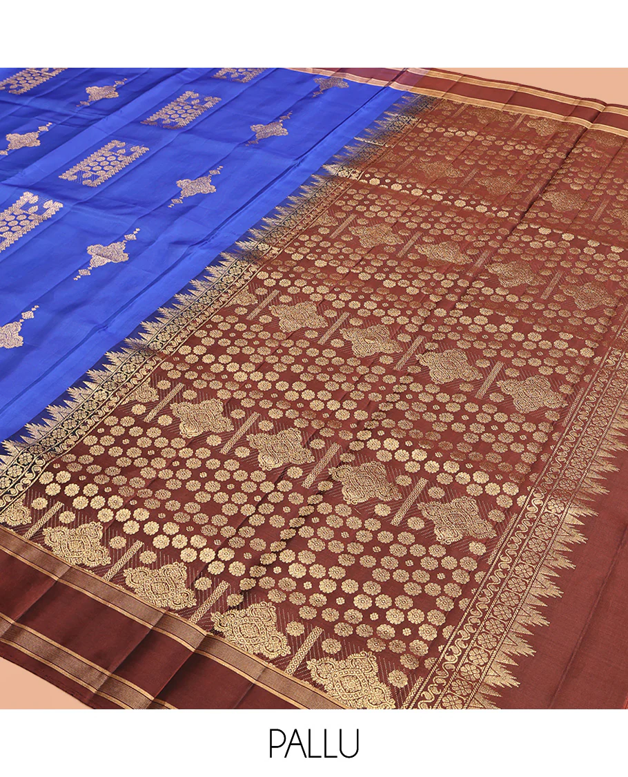Blue Mayuri Lite Silk Mix Saree, Beautifully Bedecked with Zari Buttas All Over Its Body, Complemented by a Contrast Rettai Pettu Border, Pallu of Intricate Designs, and Paired with a Contrast Blouse - Image 5