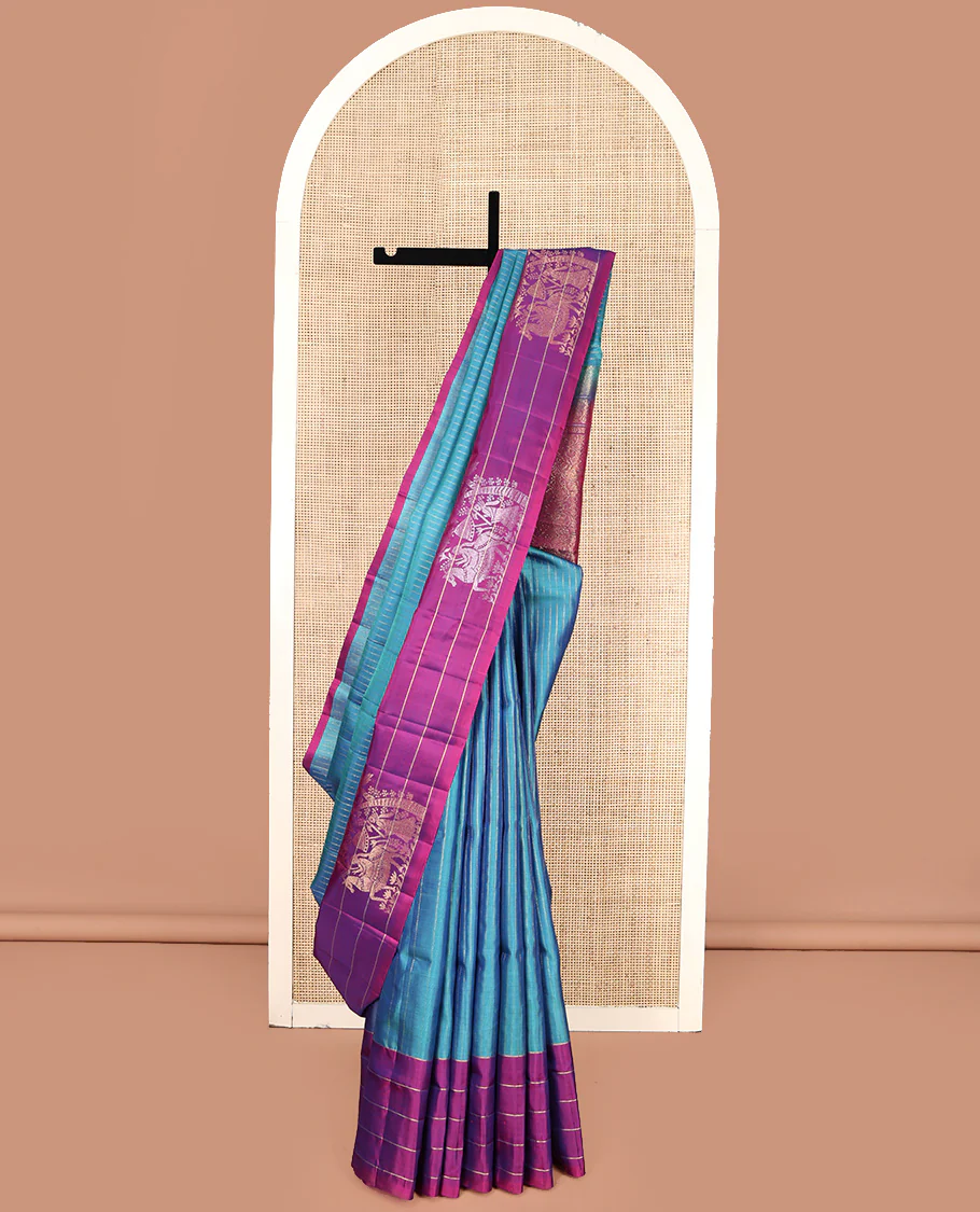 Blue Mayuri Lite Silk Mix Saree, Bedecked with Muthu Stripes All Over Its Body, Complemented by a Contrast Border of Stripes and Unique Buttas, Contrast Pallu of Intricate Designs, and Paired with a Contrast Blouse
