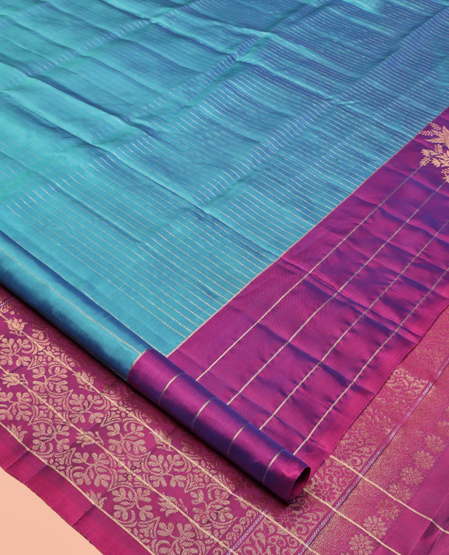 Blue Mayuri Lite Silk Mix Saree, Bedecked with Muthu Stripes All Over Its Body, Complemented by a Contrast Border of Stripes and Unique Buttas, Contrast Pallu of Intricate Designs, and Paired with a Contrast Blouse - Image 2