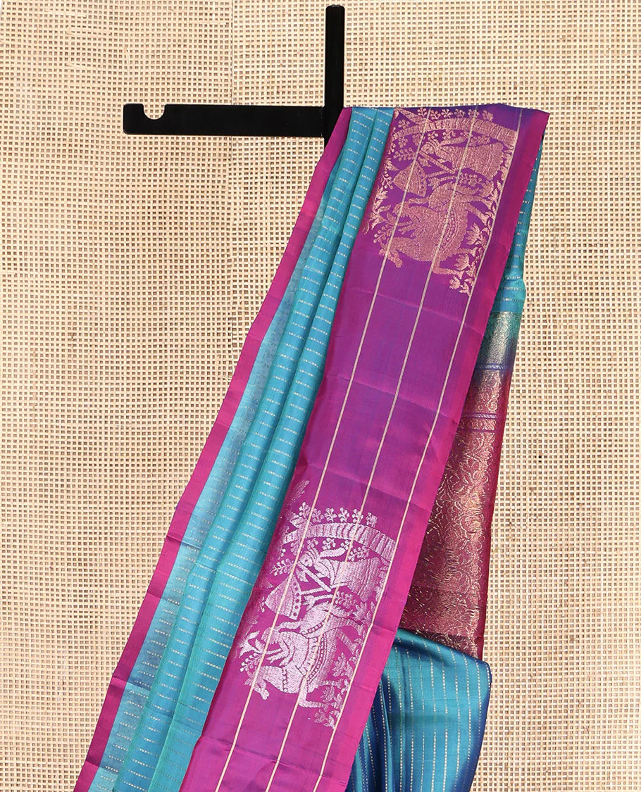 Blue Mayuri Lite Silk Mix Saree, Bedecked with Muthu Stripes All Over Its Body, Complemented by a Contrast Border of Stripes and Unique Buttas, Contrast Pallu of Intricate Designs, and Paired with a Contrast Blouse - Image 3
