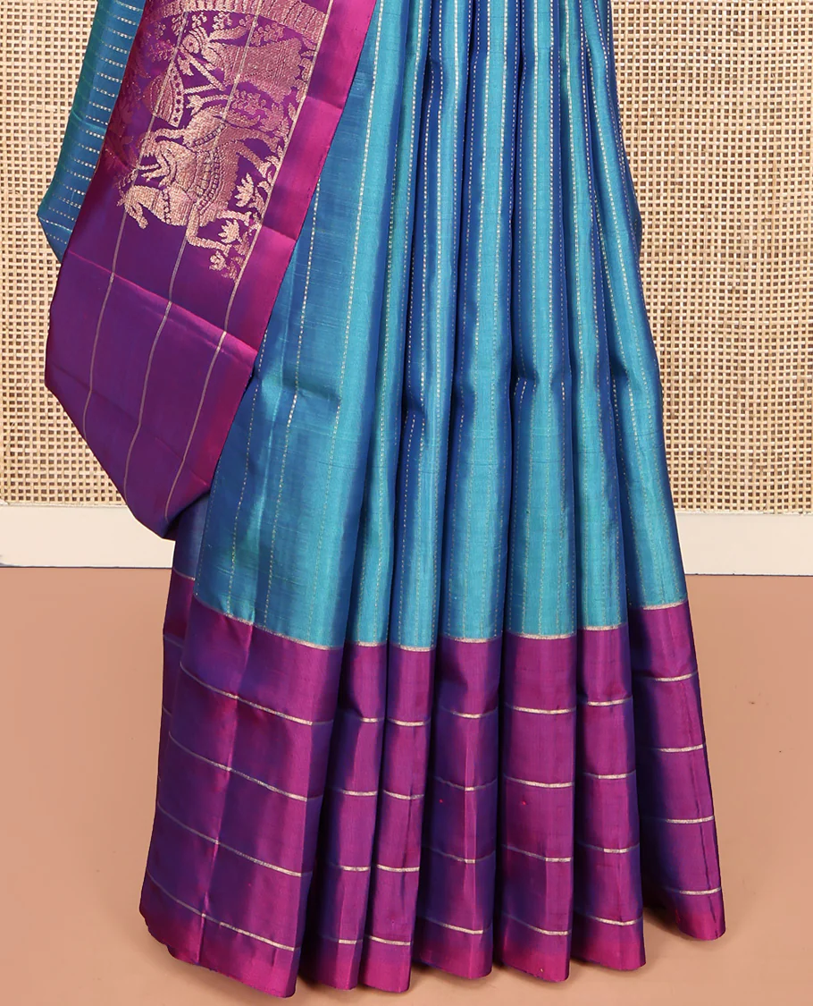 Blue Mayuri Lite Silk Mix Saree, Bedecked with Muthu Stripes All Over Its Body, Complemented by a Contrast Border of Stripes and Unique Buttas, Contrast Pallu of Intricate Designs, and Paired with a Contrast Blouse - Image 4