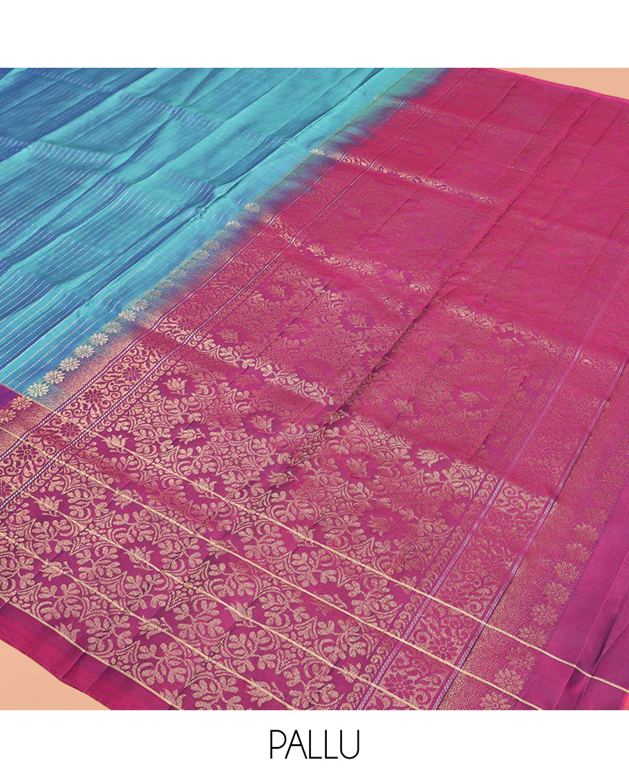 Blue Mayuri Lite Silk Mix Saree, Bedecked with Muthu Stripes All Over Its Body, Complemented by a Contrast Border of Stripes and Unique Buttas, Contrast Pallu of Intricate Designs, and Paired with a Contrast Blouse - Image 5