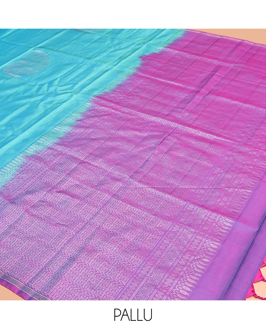 Blue Mayuri Lite Silk Mix Saree, Decorated with Arumbu Manga Buttas All Over Its Body, Highlighted by a Piping Border, Complemented by a Contrast Pallu of Intricate Designs, and Paired with a Contrast Blouse - Image 5