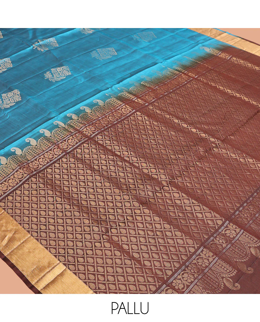 Blue Mayuri Lite Silk Mix Saree, Sparsely Woven with Zari Buttas on Its Body, Highlighted by Zari Bavanji Border, Complemented by a Contrast Pallu of Jaal Designs, and Paired with a Contrast Blouse - Image 5