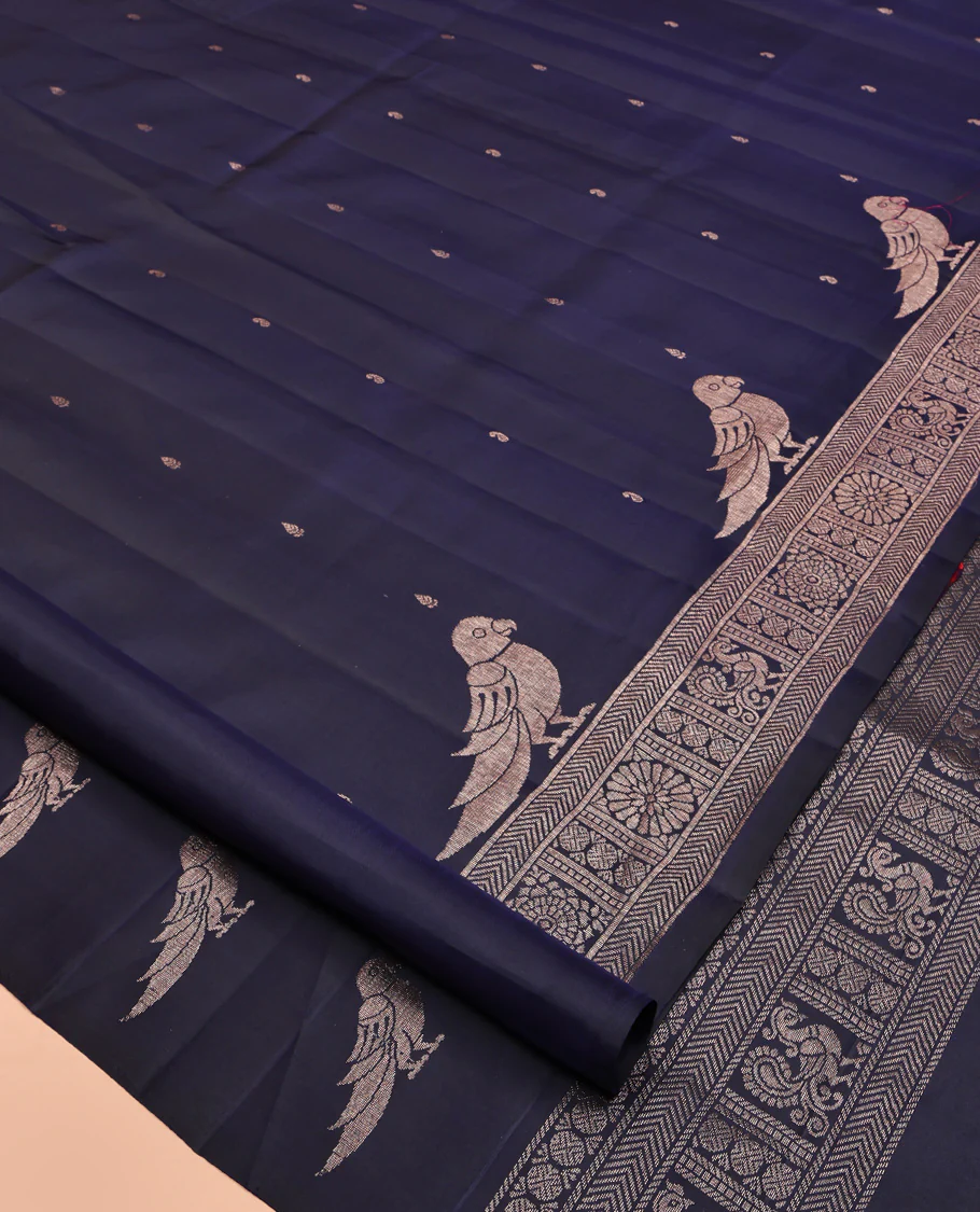 Blue Mayuri Soft Silk Saree, Finely Crafted with Buttas All Over Its Body, Highlighted by Self-Border of Parrot, Chakram, and Mayil Designs, Pallu Steeped with Parrot Designs, and Paired with a Matching Blouse - Image 2