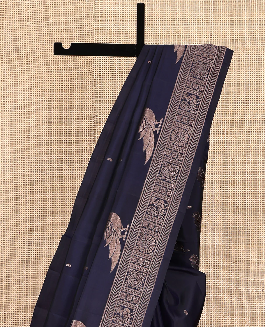 Blue Mayuri Soft Silk Saree, Finely Crafted with Buttas All Over Its Body, Highlighted by Self-Border of Parrot, Chakram, and Mayil Designs, Pallu Steeped with Parrot Designs, and Paired with a Matching Blouse - Image 3