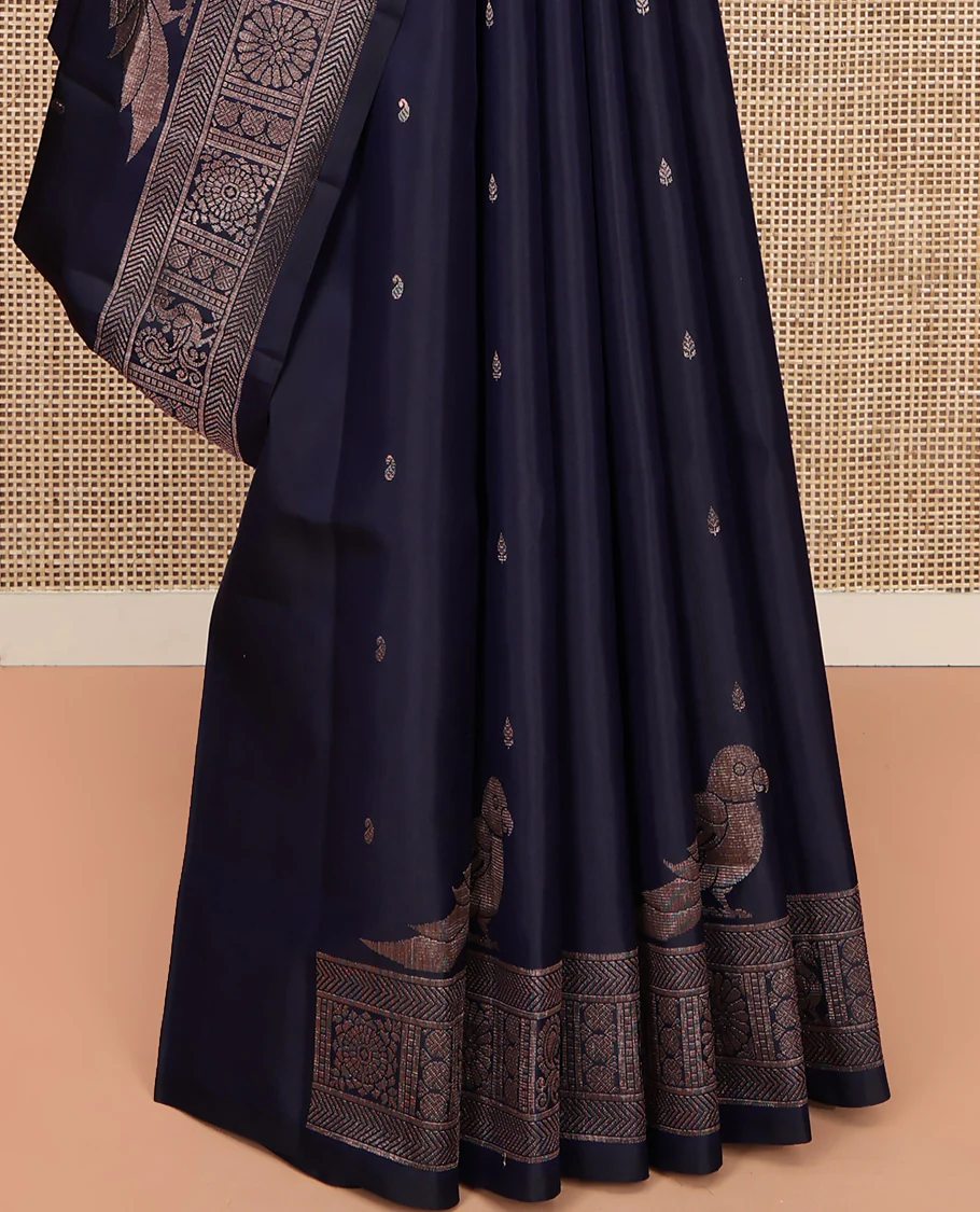 Blue Mayuri Soft Silk Saree, Finely Crafted with Buttas All Over Its Body, Highlighted by Self-Border of Parrot, Chakram, and Mayil Designs, Pallu Steeped with Parrot Designs, and Paired with a Matching Blouse - Image 4