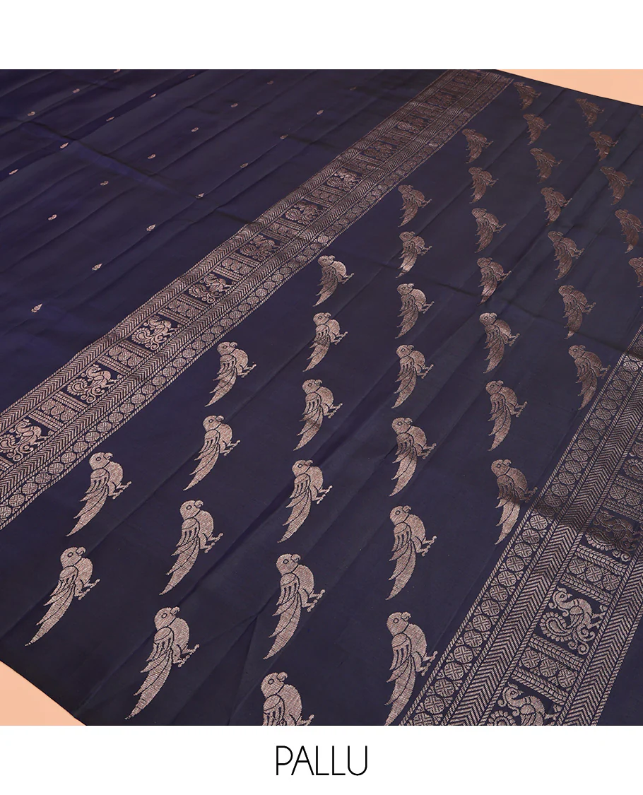 Blue Mayuri Soft Silk Saree, Finely Crafted with Buttas All Over Its Body, Highlighted by Self-Border of Parrot, Chakram, and Mayil Designs, Pallu Steeped with Parrot Designs, and Paired with a Matching Blouse - Image 5