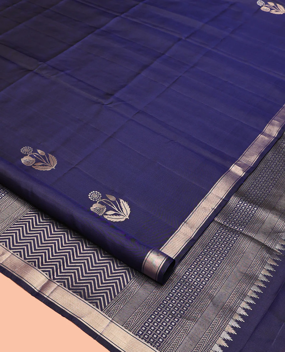 Blue Mayuri Soft Silk Saree, Richly Woven with Floral Zari Buttas All Over Its Body, Highlighted by a Zari Bavaji Border, Pallu of Vanki Designs, and Paired with a Matching Blouse - Image 2