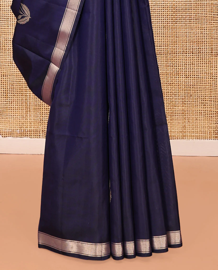 Blue Mayuri Soft Silk Saree, Richly Woven with Floral Zari Buttas All Over Its Body, Highlighted by a Zari Bavaji Border, Pallu of Vanki Designs, and Paired with a Matching Blouse - Image 4