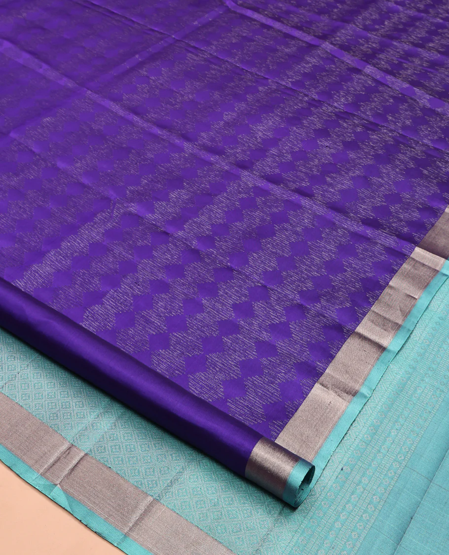 Blue Mayuri Soft Silk Saree, Sparsely Sparked with Zari Designs On Its Body, Complemented by Contrast Bavanji Border, Grand Jaal Pallu and Paired with a Contrast Blouse - Image 2