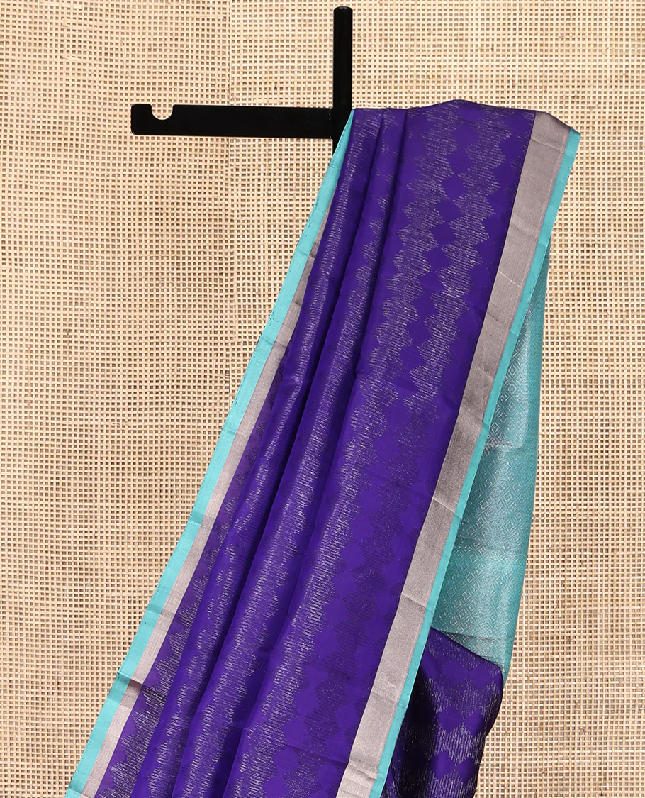 Blue Mayuri Soft Silk Saree, Sparsely Sparked with Zari Designs On Its Body, Complemented by Contrast Bavanji Border, Grand Jaal Pallu and Paired with a Contrast Blouse - Image 3