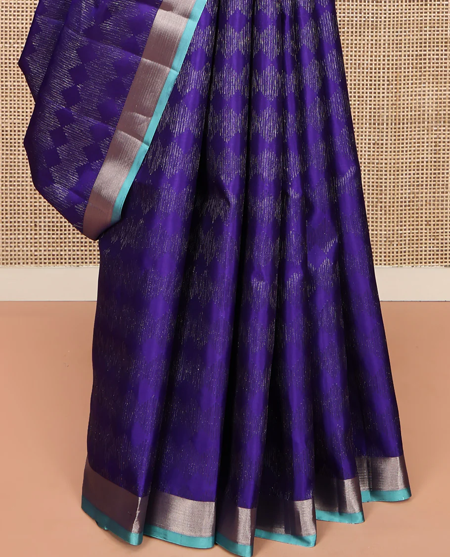 Blue Mayuri Soft Silk Saree, Sparsely Sparked with Zari Designs On Its Body, Complemented by Contrast Bavanji Border, Grand Jaal Pallu and Paired with a Contrast Blouse - Image 4