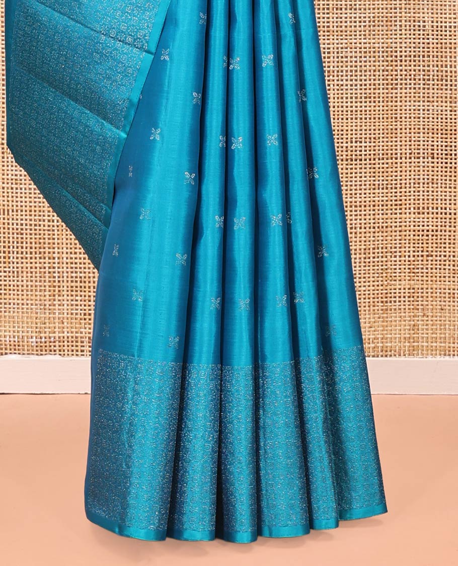Blue Mayuri Soft Silk Saree, Sparsely Woven with Zari Buttas All Over Its Body, Subtly Woven Border of Zari Designs, Grand Pallu and Paired with a Matching Blouse - Image 4