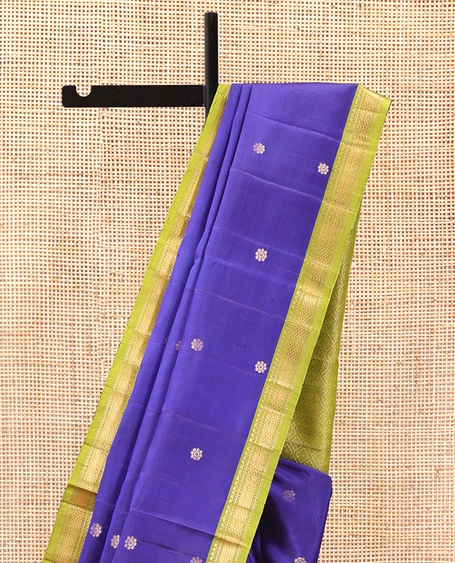 Blue Mayuri Soft Silk Saree, Spotlighted with Zari Buttas All Over Its Body, Complemented by Contrast Border of Salngai, Muthu, Banaras, and Kuyil Kann Designs, Grand Jaal Pallu and Paired with a Contrast Blouse - Image 3