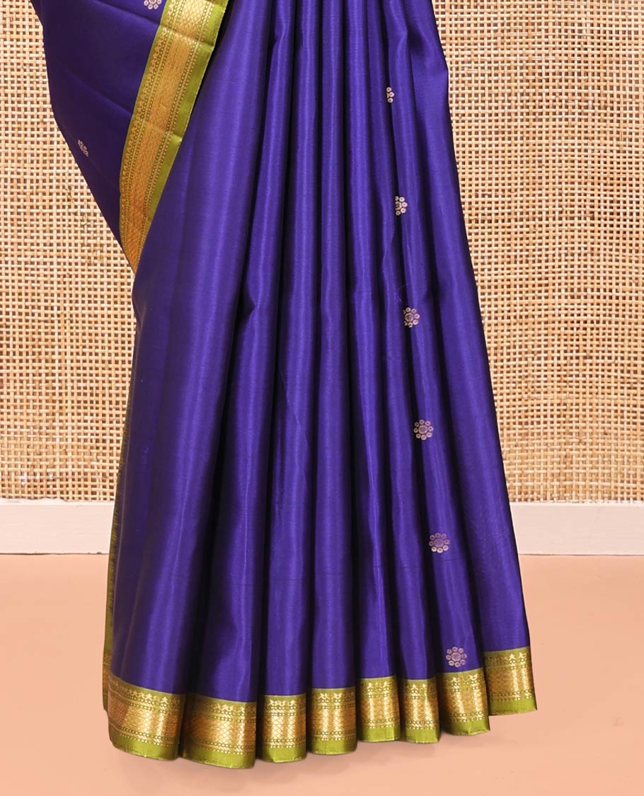 Blue Mayuri Soft Silk Saree, Spotlighted with Zari Buttas All Over Its Body, Complemented by Contrast Border of Salngai, Muthu, Banaras, and Kuyil Kann Designs, Grand Jaal Pallu and Paired with a Contrast Blouse - Image 4